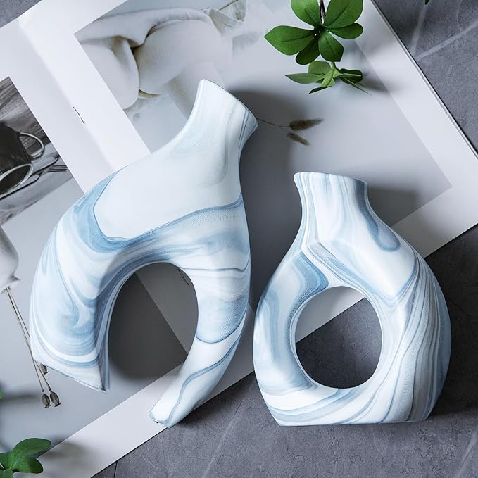 Blue Vases Set of 2, Modern Coastal Vase for Flowers, White vases for Table Centerpieces, Snuggle Hollow Vase Ceramic Decoration for Living Room, Nordic Boho Decor for Coffee Table Shelf