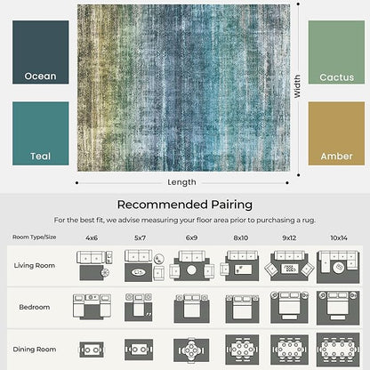 Kokia Abstract Washable Area Rug Living Room Washable 4x6 Non-Slip Stain Resistant Bohemian Rug Soft Indoor Vibrant Blue Carpet for Bedroom Room Decor, Oslo Teal