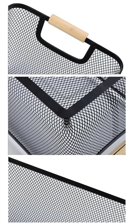 Metal Mesh Steel Basket, Large Wire Storage Organizer Basket Multi-function Hanging Kitchen Baskets with Wood Handle for Kitchen Bathroom Picnic Home, Rectangle-Black