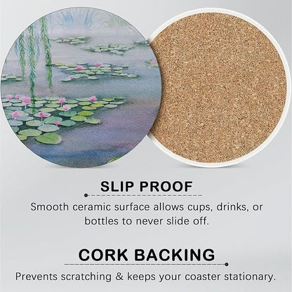 Drink Coasters for Drinks Set of 6,Claude Monet Water Lilies Absorbent Round Ceramic Stone Mat Coaster, with Cork Base and Metal Holder, Home Bar Decor House Warming Gift