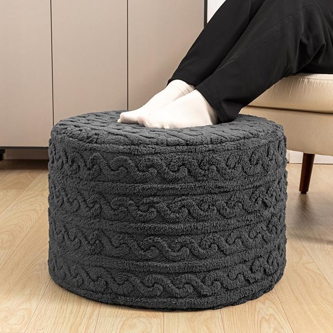 Round Plush Ottoman Pouf Stuffed– Fluffy Ottoman Foot Rest with Modern Foam Filler 20" x 14" Cozy Floor Pouf for Living Room & Bedroom (Gray)