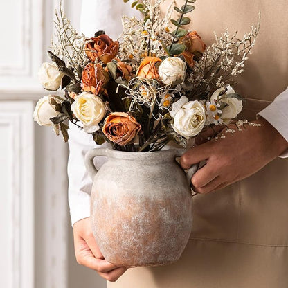Ceramic Flower Small Vase 6 inch Farmhouse Rustic Vase Decorative Pottery Terracotta Vases for Home Decor Table Mantle Fireplace Living Room Bathroom Wedding Centerpiece