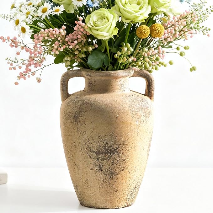 Ceramic Vintage Vases for Flower, 8.85 inch Rustic Vase with Handle, Tall Terracotta Christmas Farmhouse Vase for Home Decor, Living Room Shelf Decor, Enterway, Table, Lyeec