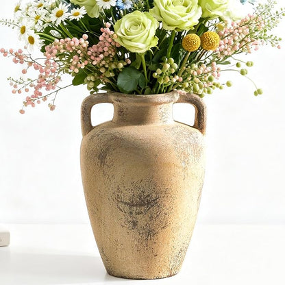 Ceramic Vintage Vases for Flower, 8.85 inch Rustic Vase with Handle, Tall Terracotta Christmas Farmhouse Vase for Home Decor, Living Room Shelf Decor, Enterway, Table, Lyeec