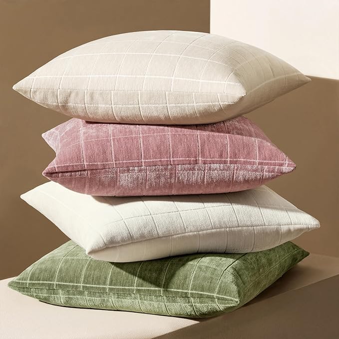 MIULEE Valentines Decorative Chenille Throw Pillow Covers Vintage Plaid Couch Pillows 18x18 Inch Set of 2 Boho Farmhouse Cushion Covers Modern Spring Home Decor for Sofa Bed Living Room Blush Pink