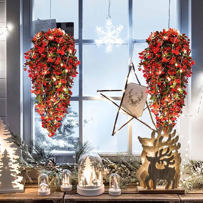 RECUTMS Faux Hanging Plants 2 Pack Hanging Flowers Artificial Decor Greenery Fake Vines with Lights Strings Plastic Flowers Artificial Ivy Leaves Long Stem for Porch Patio Kitchen (Red)