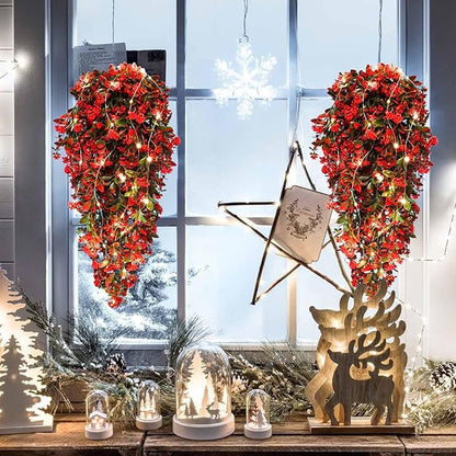 RECUTMS Faux Hanging Plants 2 Pack Hanging Flowers Artificial Decor Greenery Fake Vines with Lights Strings Plastic Flowers Artificial Ivy Leaves Long Stem for Porch Patio Kitchen (Red)