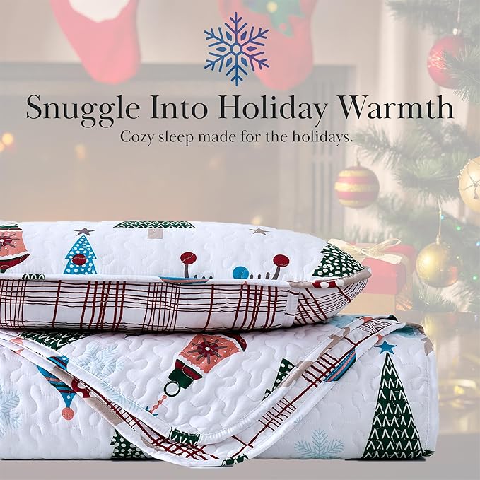 Southshore Fine Living, Inc. King/California King Size Christmas Quilt Set w/2 Pillow Shams, Holiday Bedding Set, 3-Piece Reversible Quilt Set, Cute Trees & Reindeer Over Red Plaid Print