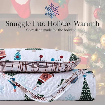 Southshore Fine Living, Inc. Full/Queen Size Christmas Quilt Set w/2 Pillow Shams, Holiday Bedding Set, 3-Piece Reversible Quilt Set, Cute Trees & Reindeer Over Red Plaid Print