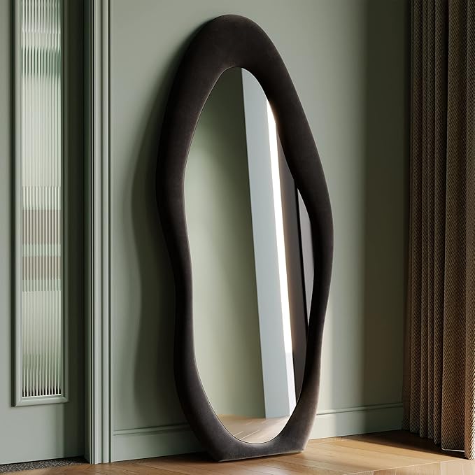 Honyee Full Length Mirror, 63" x 24" Wall Mirror, Flannel Wrapped Wooden Frame Floor Mirror, Irregular Wavy Mirror Hanging or Leaning Against Wall for Cloakroom/Bedroom/Living Room, Black