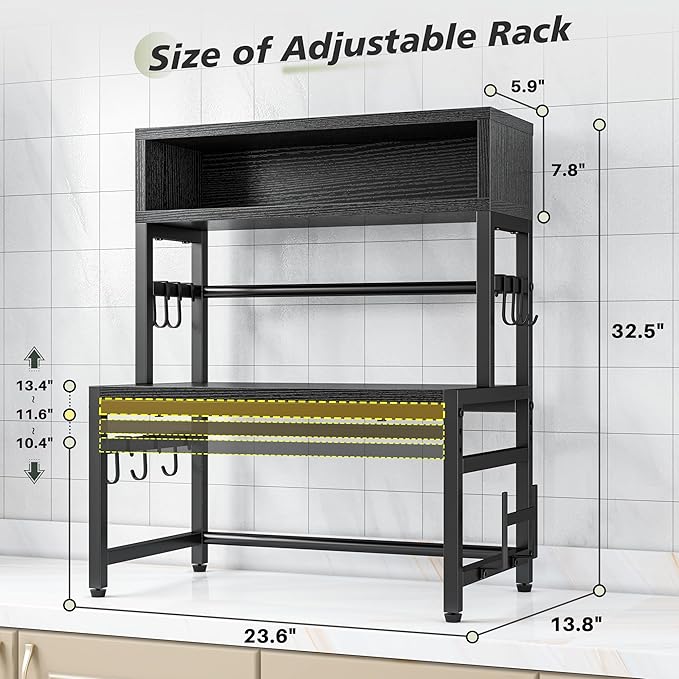 EnHomee Microwave Stand, 4-Tier with 9 Hooks for Kitchen Countertop Organizer, 205LBS Microwave Shelf, Adjustable Kitchen Shelves Microwave Stand with Storage and Microwave Oven Rack (Black)