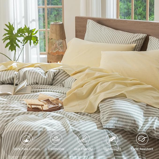 MooMee Bedding Sheet Set 100% Washed Cotton Linen Like Textured Breathable Durable Soft Comfy (Heathered Butter Yellow, Full)