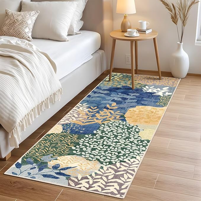 DEXDE Runner Rug 2x6 Washable Hallway Boho Soft Area Rugs Abstract Long Non Slip Botanical Leaves Floral Print Carpet for Entryway, Kitchen, Laundry, Bathroom, Bedroom,Blue