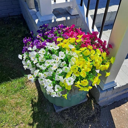 Artificial Fake Flowers Plant for Outdoors, 12 Bundles Faux Morning Glory UV Resistant Look Real Silk Flowers for Outside Planter Front Door Porch Patio Yard Decoration, (Mix 4 Colors)