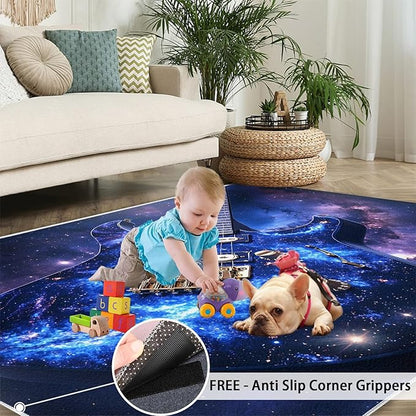 Guitar 4x6 Area Rugs for Living Room -Musical Instruments Washable Rug Starry Sky Non-Slip Carpet Indoor Floor Stain Resistant Thin Carpets for Bedroom Dining Room Home Office