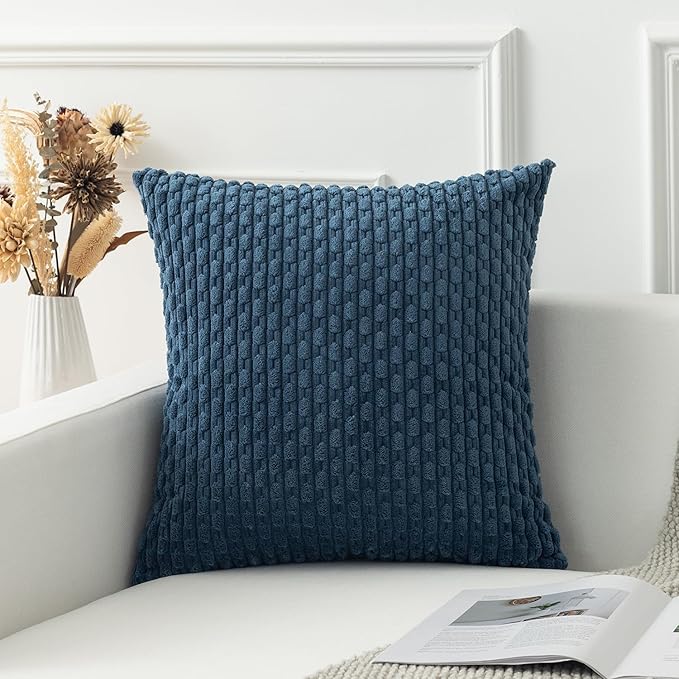 Kevin Textile Throw Pillow Covers Soft Corduroy Decorative Set of 2 Boho Striped Pillow Covers Pillowcases Farmhouse Home Decor for Couch Bed Sofa Living Room 18x18 Inch Blue