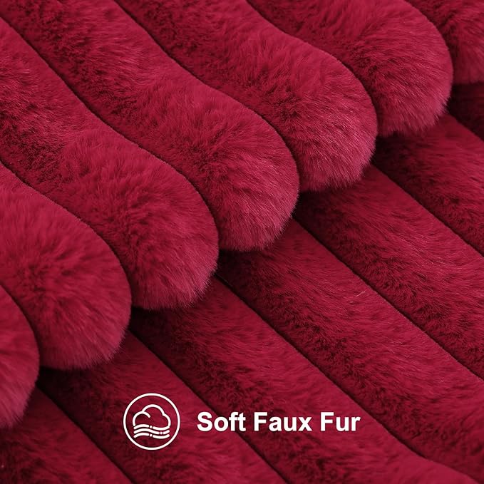decorUhome Faux Fur Spring Throw Pillow Covers 20x20 Set of 2, Decorative Soft Plush Striped Neutral Couch Pillow Covers with Velvet Back for Sofa, Bed, Living Room Home, Burgundy