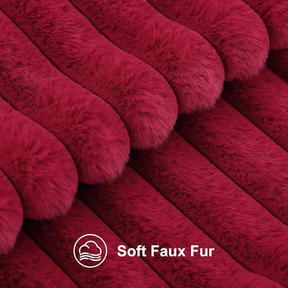 decorUhome Faux Fur Spring Throw Pillow Covers 20x20 Set of 2, Decorative Soft Plush Striped Neutral Couch Pillow Covers with Velvet Back for Sofa, Bed, Living Room Home, Burgundy
