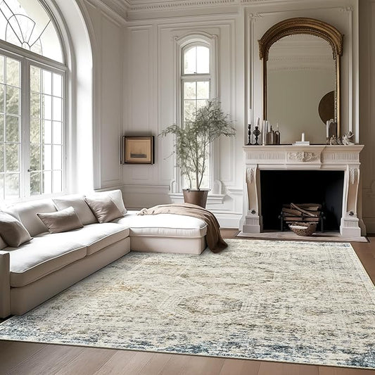 5x7 Area Rugs Blue Ivory Low Pile Indoor Washable Trendy Faded Style Rugs for Bedroom Living Room Dining Room Foldable Non-Slip Thin Print Mat
