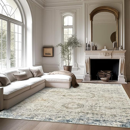 6x9 Area Rug for Living Room Washable 6x9 Non-Slip Modern Rugs for Bedroom Dinning Room Ultra-Thin Indoor Blue Ivory
