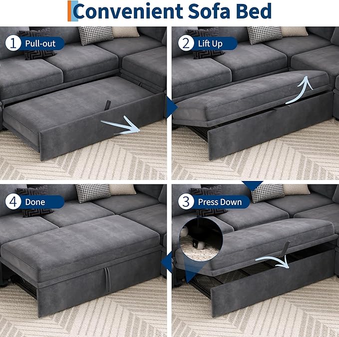 GarveeHome Sectional Sleeper Sofa with Pull Out Bed, Chenille Modular Sectional Sofa U Shaped Couch with Pull Out Couch and Storage Seat & Ottoman, Convertible Couches for Living Room