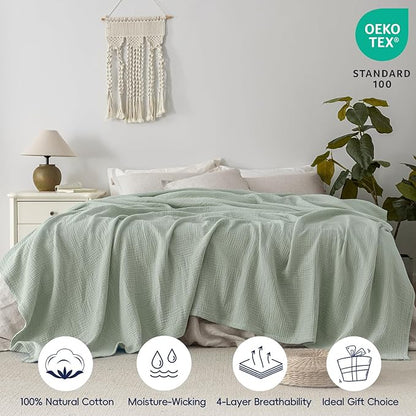 PHF 100% Cotton Muslin Blanket Queen Size 90"x90", 4-Layer Lightweight Gauze Throw, Breathable Cloud-Soft Minimalist Blanket for Bed, Couch, Camping & Baby, Sage Green, Ideal Gift