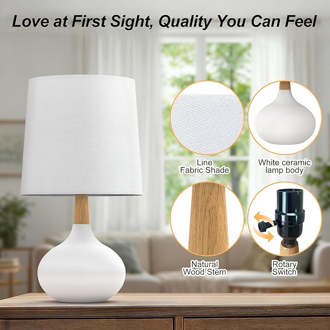 14" Ceramic Table Lamp Set of 2 with Natural Wood Stem & Linen Shade for Bedroom Decor,Modern Farmhouse Small Bedside Lamp for Nightstand, Living Room & Office (White)