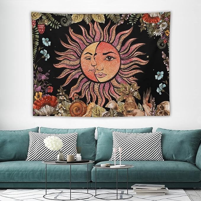 Vintage Sun Tapestry,Boho Hippie Mushroom Plant Botanical Sun and Moon Art Tapestries Wall Hanging for Dorm Living Room Bedroom Decor(60"x80")