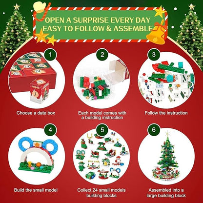 Building Block Advent Calendar 2025 Christmas Tree, 24 Days Christmas Building Block Advent Calendar | 2 Play Ways Xmas Tree & 24 Small Models, 2025 New Year Gifts for Adults Kids Teens
