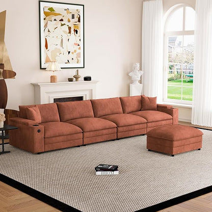 148.7" L Shaped Cloud Sofa Couch with Ottoman, Storage Armrest, Cup Holders, USB & Type-C Ports, Spring Cushions, Solid Wood Frame, Chenille Modular Sectional for Living Room (Coffee-L-148.7")