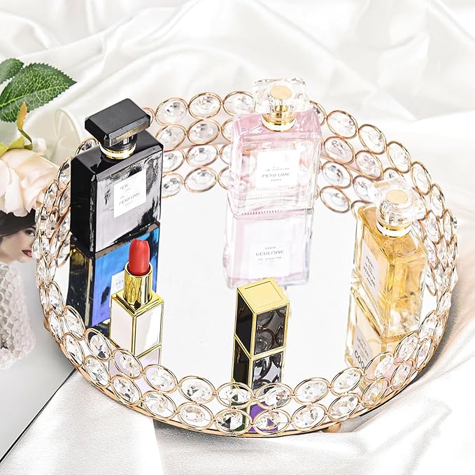 Elegant Gold Crystal Mirror Perfume Tray for Vanity, Coffee Table, and Home Decor - Small Glass Tray for Jewelry, Perfume, and Decorative Items - Bandeja para Perfumes, Perfume Trays for Dresser