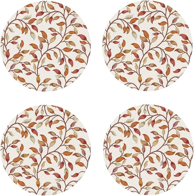 Fall Leaves Coaster Set of 4 Autumn Cup Coasters for Drinks Thanksgiving Harvest Waterproof Wipeable PVC Round Coasters Mat for Coffee Beer Wine Outdoor Patio Table Bar Desk Seasonal Desk Decor