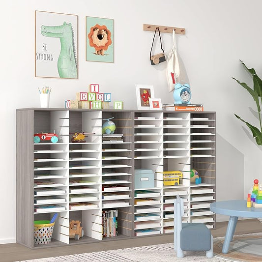 EasyPAG Mail Organizer Countertop, Wood Literature Organizer with Adjustable Shelves, Student Classroom Mailbox for School, Desktop Paper Sorter for Office Home, 48 Compartments, Retro Gray/White