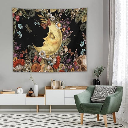 Boho Moon Tapestry Wall Hanging,Vintage Sun and Moon Skull Hippie Mushroom Floral Plant Tapestries for Dorm Living Room Bedroom Decor(50"x60")