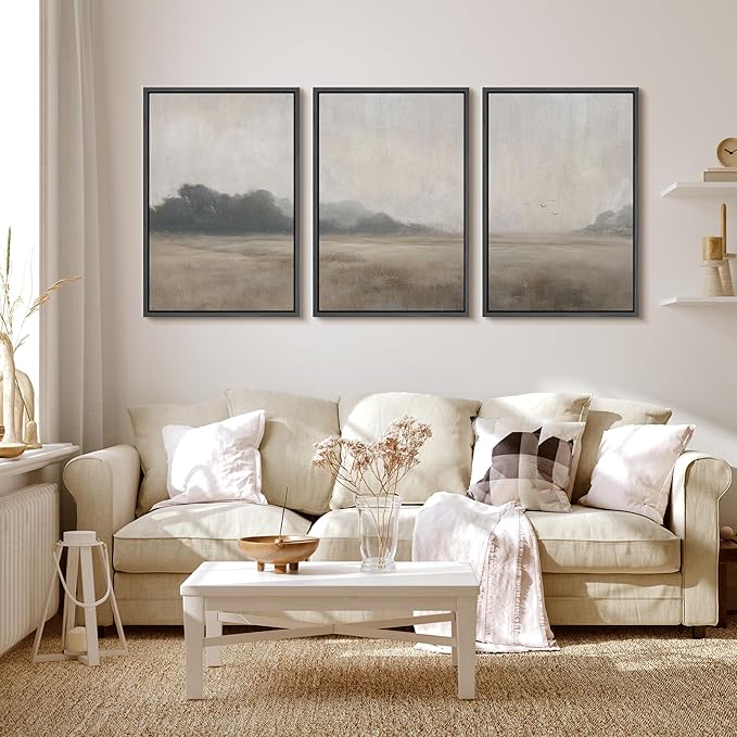 MUDECOR Framed Wall Art Print Set Serene MeadowTranquil Landscape with Foggy Fields and Distant Trees Illustrations Realism Decorative for Living Room, Bedroom, Office - 24"x36"x3 Black