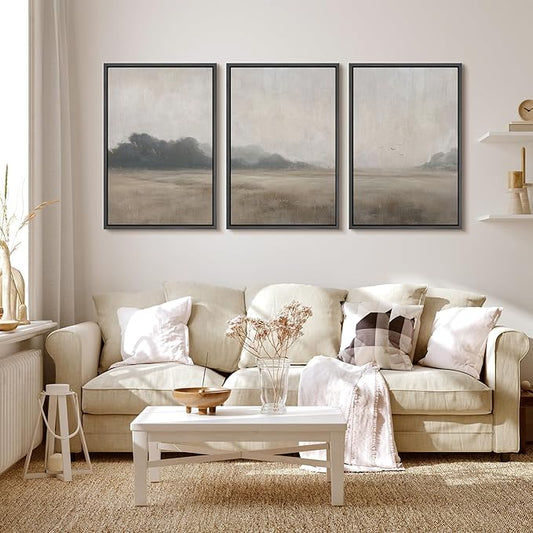 MUDECOR Framed Wall Art Print Set Serene MeadowTranquil Landscape with Foggy Fields and Distant Trees Illustrations Realism Decorative for Living Room, Bedroom, Office - 24"x36"x3 Black