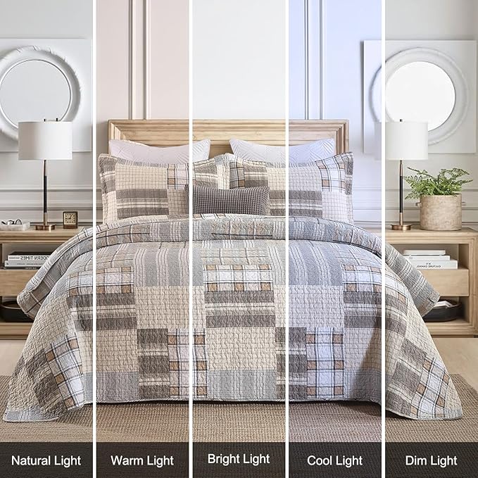 Quilts King Size - King Quilt Bedspread Sets, 100% Cotton Patchwork Quilt Bedding Set for King Bed, 3 Pieces Plaid Farmhouse Reversible Rustic Lightweight Quilted Quilt Bed Spread