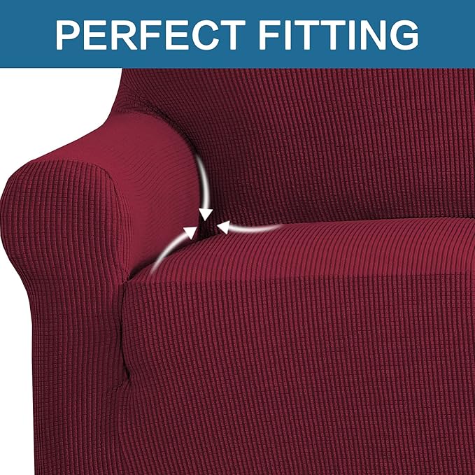 H.VERSAILTEX Stretch Couch Cover Loveseat Covers for 2 Cushion Couch Loveseat Slipcover|Sofa Cover for Love seat 1 Piece, Textured Checked Jacquard Fabric(58'-70' Wide, Burgundy Red)