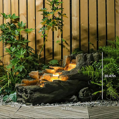 34.25" L Outdoor Water Fountain with 3 Tiers Large Cascading Realistic Tree Trunk Waterfall Fountains with LED Lights Outdoor Water Fountain for Garden Patio Backyard Porch Home Decor