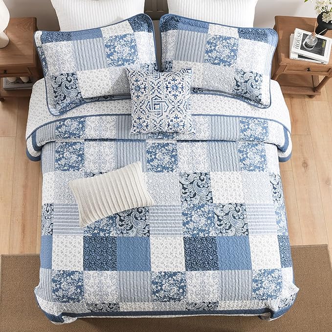 SahSahCasa 100% Cotton 128"x120" Oversized California King Bedspread Coverlet Quilt Set, Cal King Plaid Paisley Floral Extra Large Reversible XL Bed Spread Lightweight Comforter, Blue/White/Gray