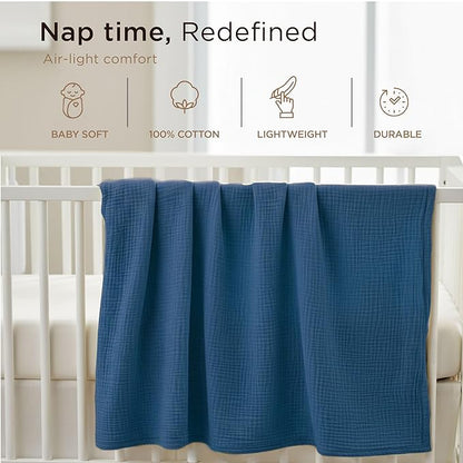 Threadmill Muslin Baby Blanket | 4 Layer Swaddle Blankets for Newborns| Multi Use Muslin Blankets 41 x 37| Ultra-Soft Breathable Baby Wrap for Boys & Girls| Registry Essential| Folkstone Blue