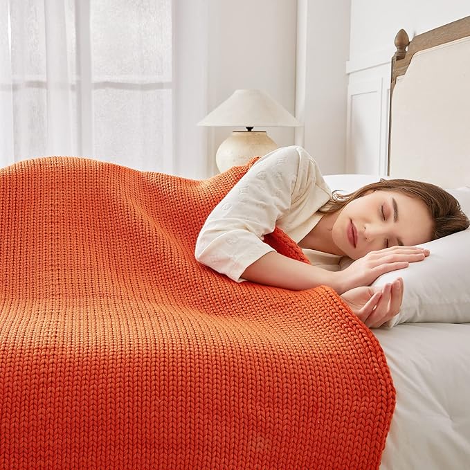 Guohaoi Knitted Weighted Blanket for Adults (Orange 60"x80" 17lbs) No Beads Cooling Throw Blanket for Hot Sleepers, Home Decor Breathable Chunky Knit Heavy Blanket Use on Queen/King Size Bed