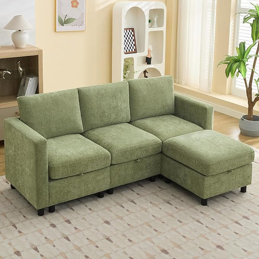 83”L-Shaped Modular Sectional Sofa with Storage & Movable Ottoman, Convertible 4-Seat Reversible Chaise Chenille Couch for Living Room, Soft Green Fabric, Modern Design