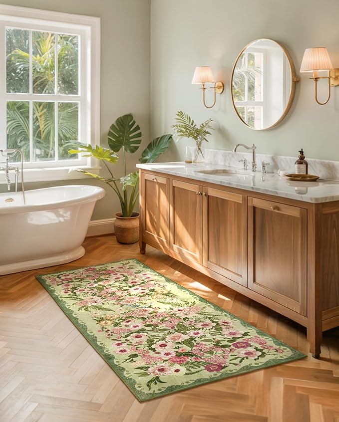 Floral Runner Rug 2x6 - Washable Vintage Bedroom Runner Rug Low Pile Non-Slip Carpet for Entryway Hallway, Laundry, Bathroom, Kitchen - Soft, Stain Resistant Indoor Area Rug - Green