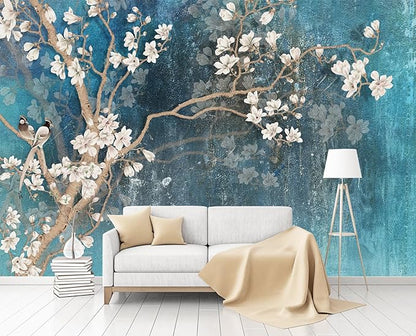 Vintage Flower Bird Wallpaper Magnolia Floral Wallpaper Mural Living Room Bedroom（Not Peel and Stick）