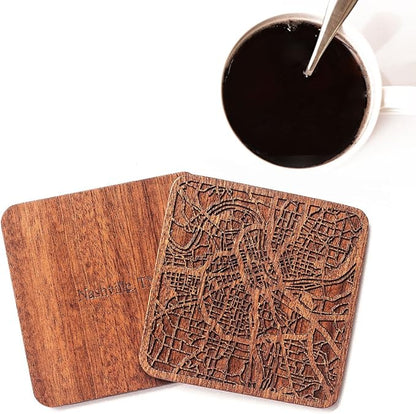 Nashville, TN Map Coaster by O3 Design Studio, Set of 4, Sapele Wooden Coaster with city map, Multiple city optional, Handmade