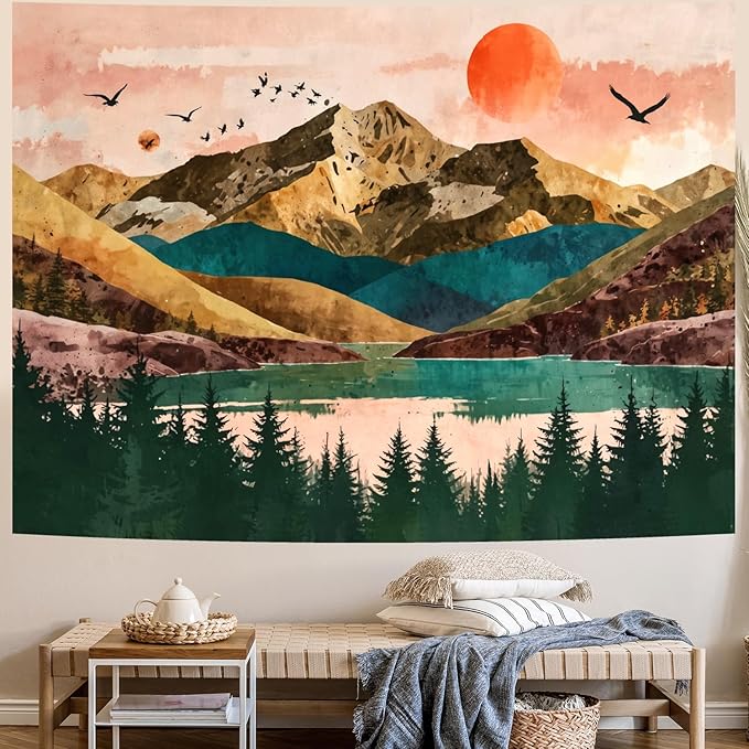 Delur Mountain Tapestry Boho Sunset Nature Forest Tree Tapestry Wall Hanging Sunrise River Lake Landscape Psychedelic Headboard for Bedroom Living Room Home Decor (59.1" x 78.7")