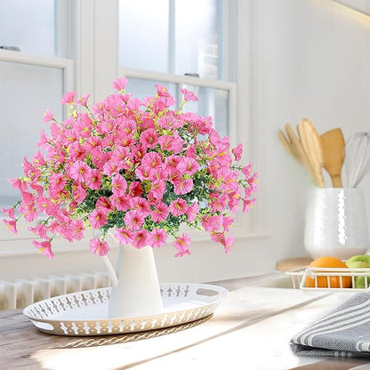 Artificial Flowers for Outdoors 12 Bundles Realistic Faux Plants UV Resistant Fake Silk Morning Glory with Eucalyptus for Front Door Planter Patio Porch Outside Spring Summer Decoration (Pink)