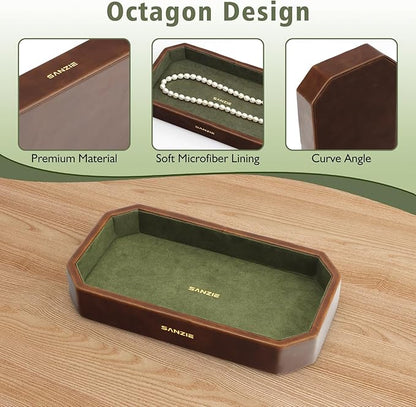SANZIE Leather Tray Organizer Small Trays Decorative Tray Desktop Storage Premium Serving Tray Valet for Sundries Cosmetics Keys Phone Wallet Cutlery (Brown, Small)