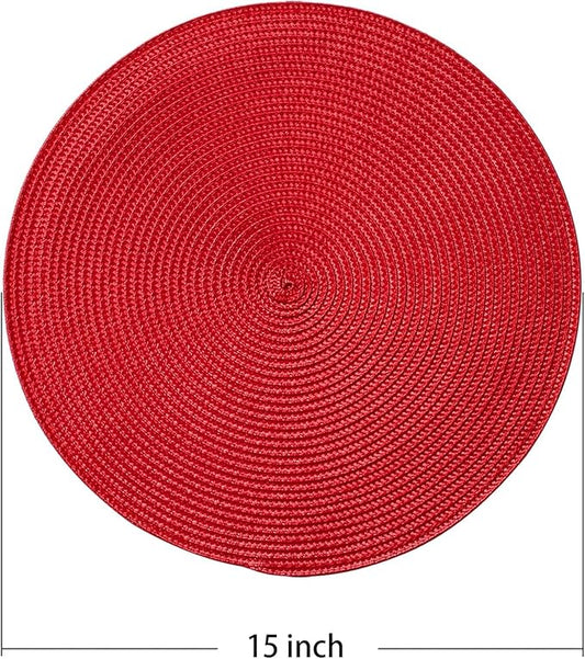 AHHFSMEI Round Braided Placemats 15 Inch Round Table Mats for Dining Tables Natural Woven Heat Resistant Place mats Set of 4 (red,4)